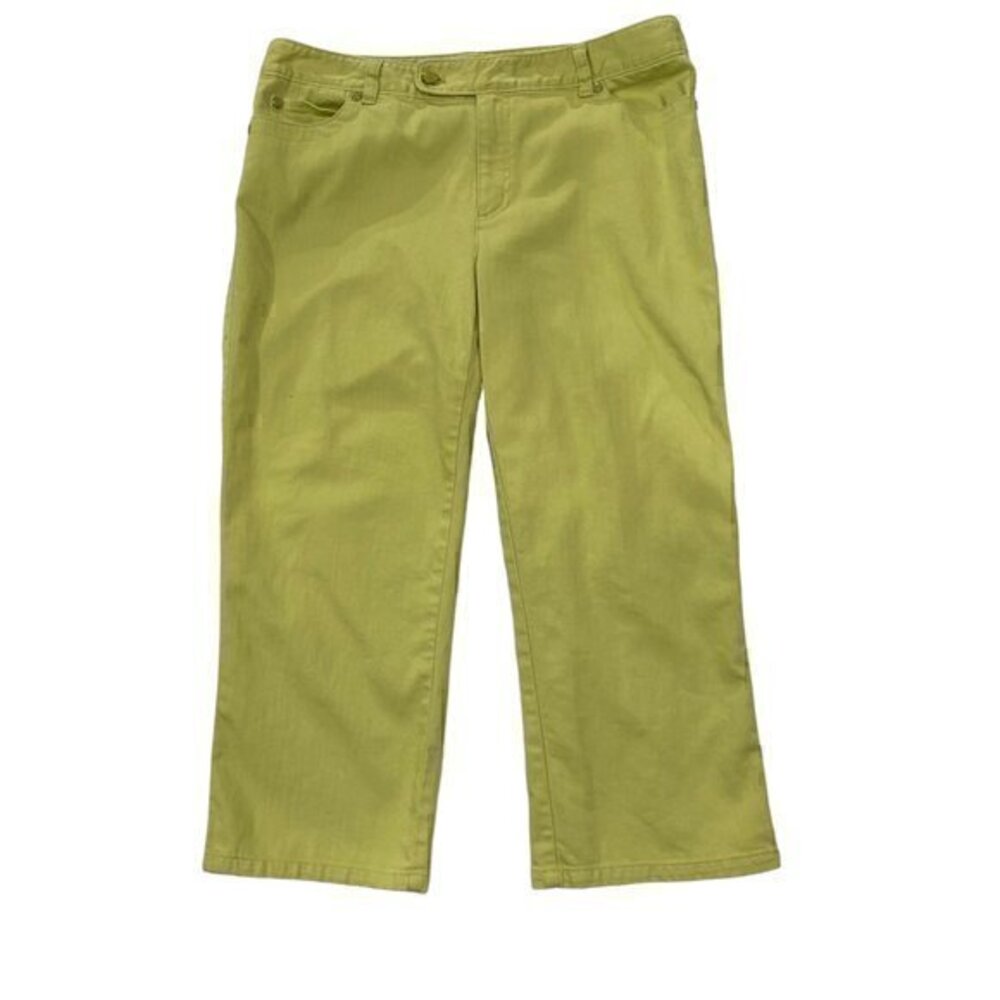 Talbots Women Cropped Pants Lime Green Stretch Pockets Zip Up Button Size 12